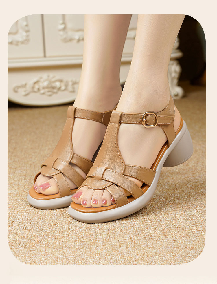 Sandal cao gót nữ hở mũi da bò mềm gót thấp phong cách La Mã — Trắng kem【Da bò lớp đầu】 chi tiết 21