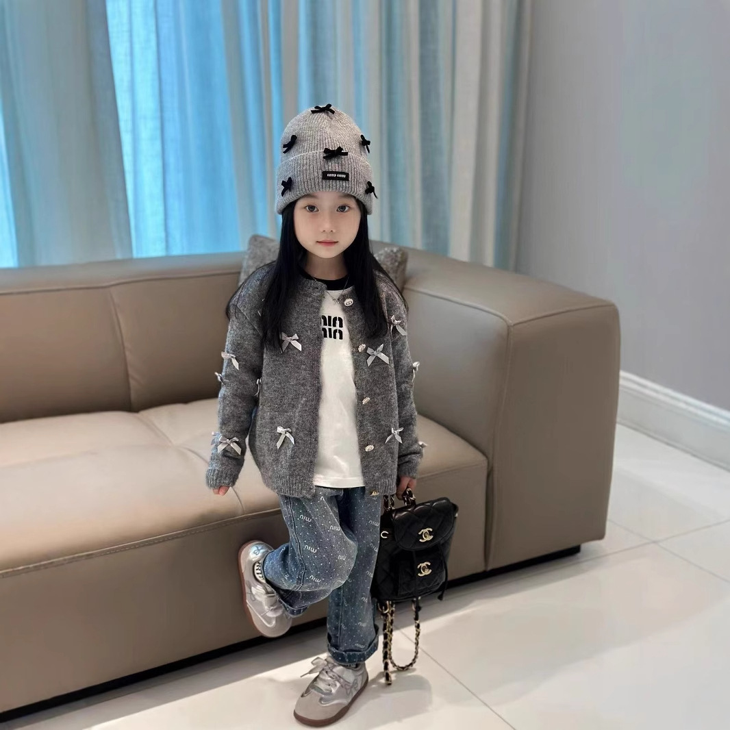 (2개) FW 2024 가을 새 소녀 프랑스 달콤한 3 차원 활 올 매치 카디건 스웨터 티셔츠 청바지