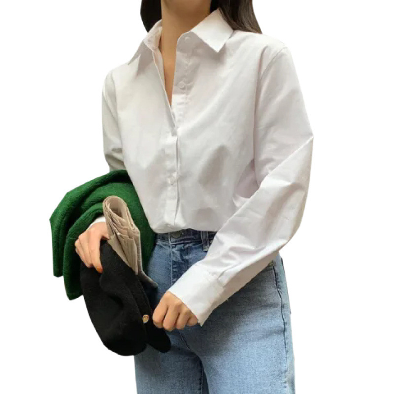 (2개) 시원한 실크 코튼 유니폼 셔츠 봄, 여름, 가을, 겨울 여성용 흰색 긴팔 학생 셔츠 탑