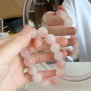 Ice-Clear Pink 12mm Imitation Bodhi Root Bracelet, Tiktok and Xiaohongshu Glass Gradient Bracelet for Women, Geometric Shape, Cultural Accessory