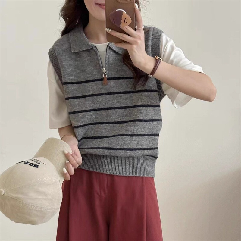 韩系复古条纹翻领拉链针织背心毛衣女秋冬内搭外穿气质坎肩上衣女|undefined