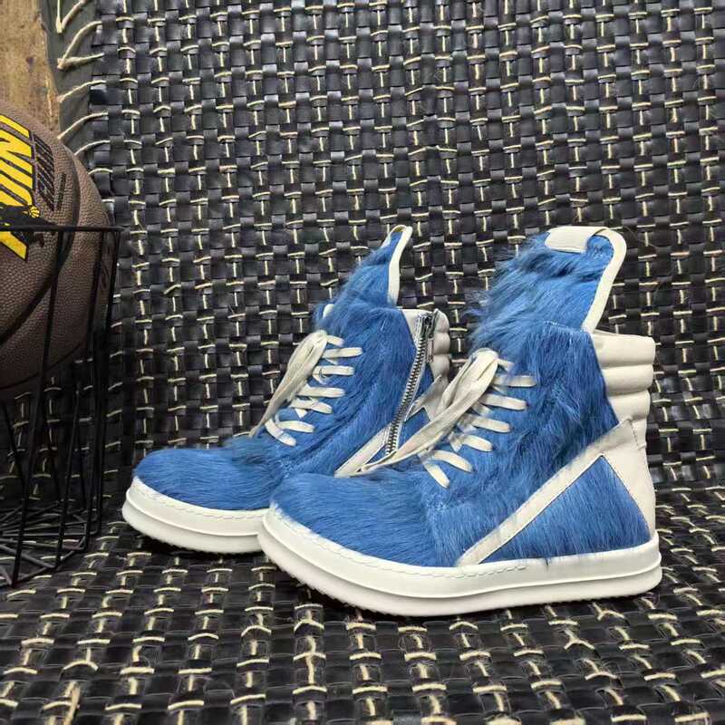 Ro Inverted Triangle Horse Hair Black Pink High-Top Shoes Large Size Thick-Soled Lace-Up Genuine Leather European and American High-Bottom Gray Horse Trbottomy Shoes