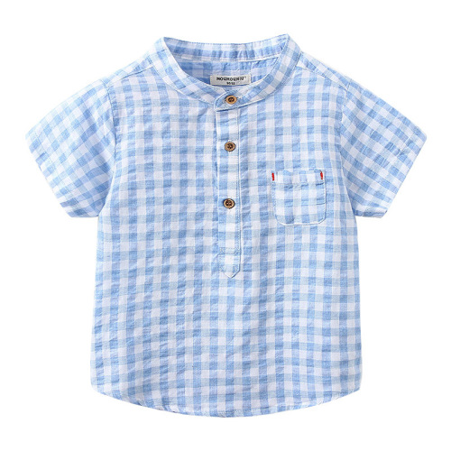 Children's cotton blue T-shirt 2023 summer boys' short-sleeved shirt Fashionable casual short-sleeved plaid shirt