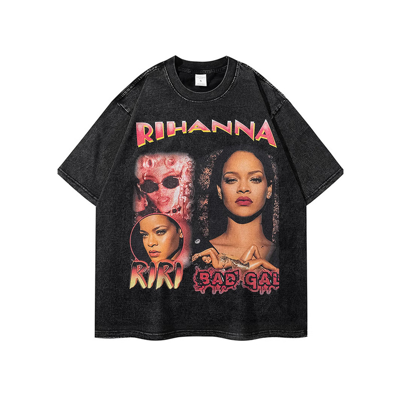 European and American Hip Hop Rap Rihann Printed Short Sleeve Rihanna Heavy Wash Water T-Shirt Loose Men's and Women's Cotton Cross Border