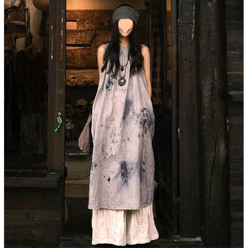 复古文艺感水墨扎染无袖连衣裙女夏季新款小众独特宽松背心长裙子