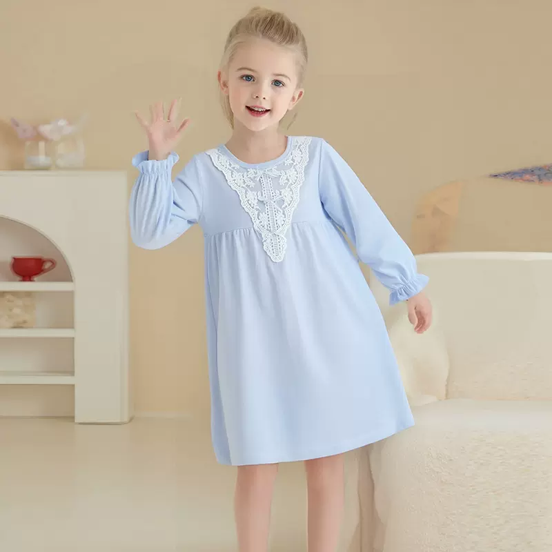 女生长袖睡裙纯棉透气女孩家居服睡衣亲子款宝宝居家服中大童睡裙