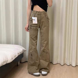 美式复古卡其色微喇工装裤女夏季新款设计感直筒宽松阔腿牛仔裤zb