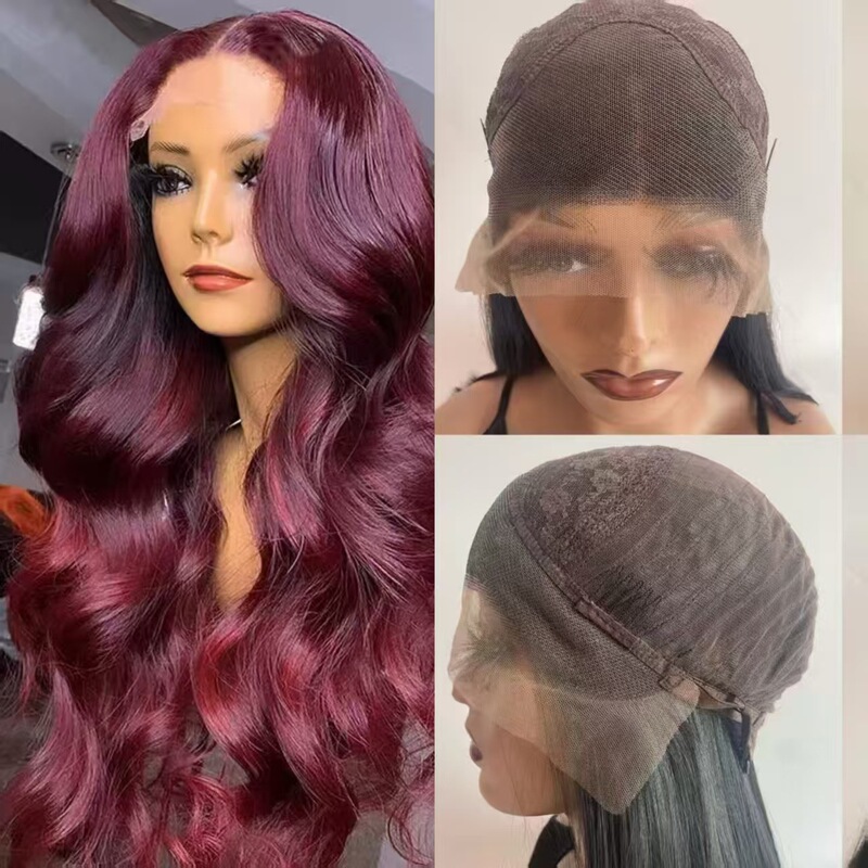 Cross-Border Lace Front 13*4 Wig Amazon New Style Women's Burgundy Wig Long Curly Wave Lace Full Head Wig
