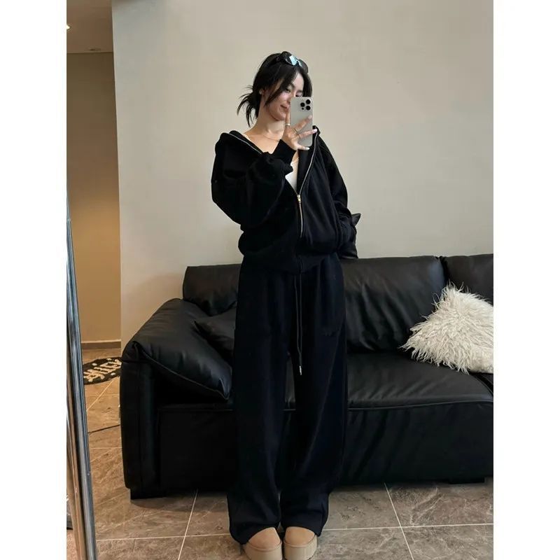 大码简约纯色休闲运动套装女秋冬胖妹妹连帽外套+阔腿裤两件套|undefined