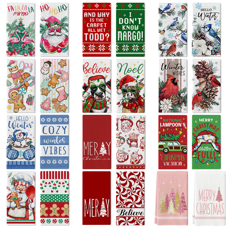 Cross-Border Hot Selling Winter Christmas Pine Tree Snowman Gingerbread Man Kitchen Towel Dish Towel Farmhouse Kitchen Dish Towel