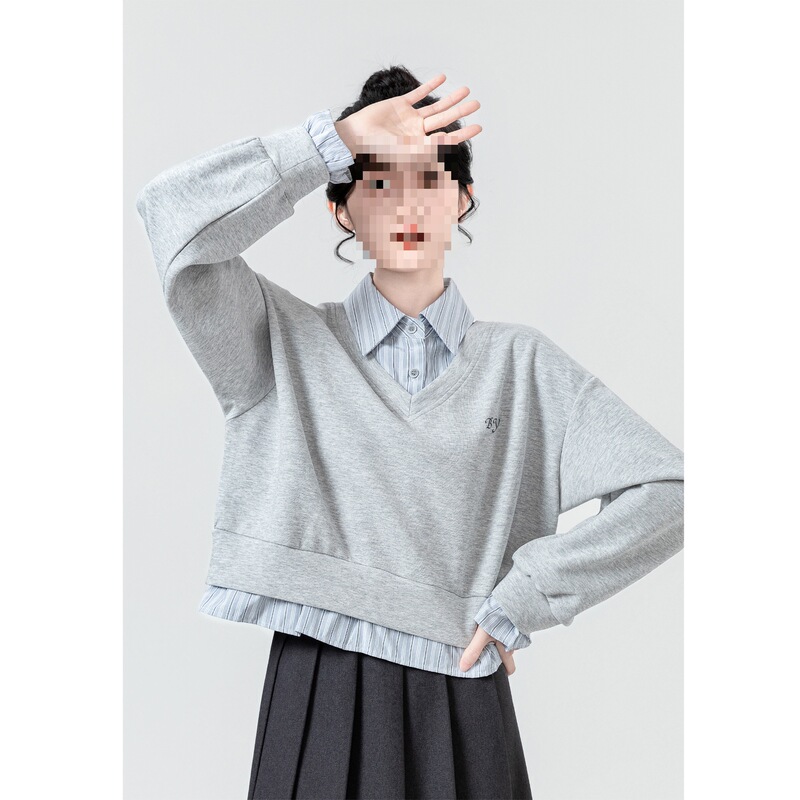 灰色假两件卫衣女春秋2025新款设计感拼接衬衫POLO领套头短款上衣|undefined
