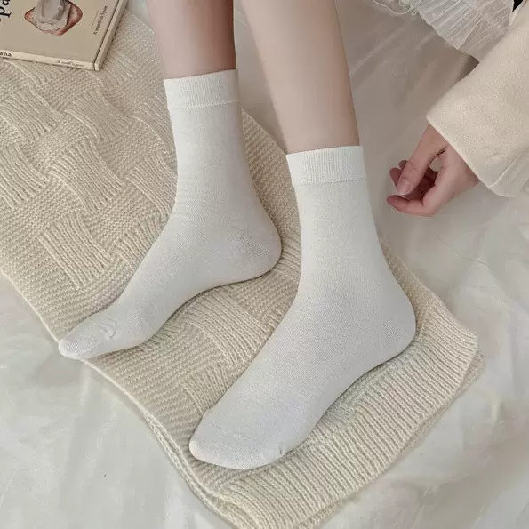 冬季无骨保暖月子袜纯色羊毛袜柔软中筒袜白色堆堆袜松口袜子女袜