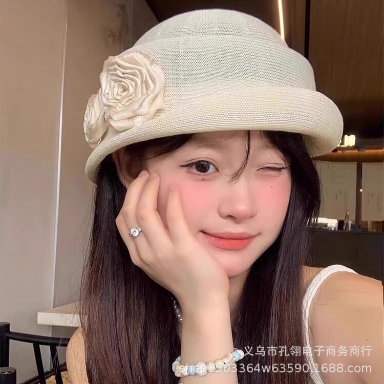 韩系千金风山茶花卷边盆帽女士夏季薄款法式赫本风礼帽亚麻画家帽|undefined