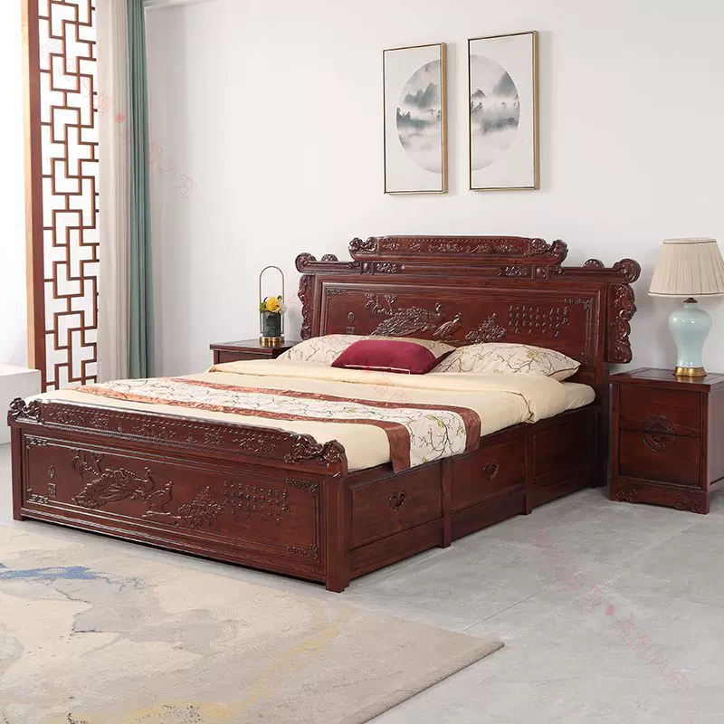 北方老榆木主卧大床古典中式加厚家用实木床全实木雕花一体箱体床