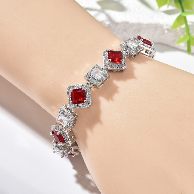 Light Luxury Zircon Bracelet for Women, Ruby-Colored Square Inlay, High-End Fashion Versatile Gemstone Jewelry