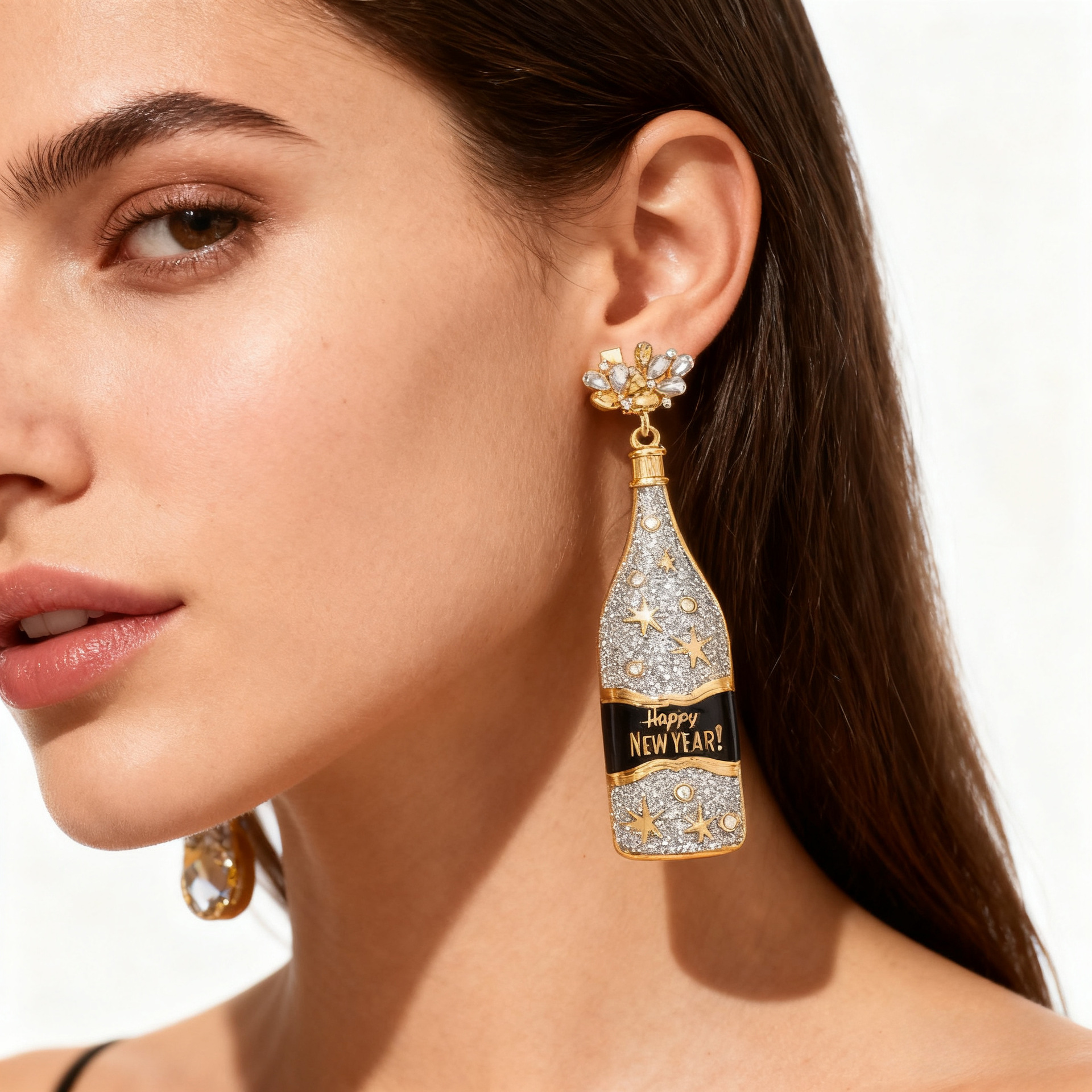 European and American Exaggerated Alloy Oil Dropping Diamond New Year Wine Bottle Pendant Earrings Fashion Metal Oil Dropping Bottle Earrings Women