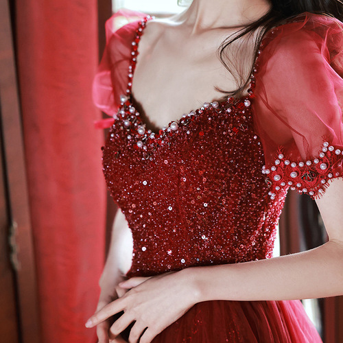 open lace back dress Red Sequin Strapless Short Party Dress with Removable Sleeves main image 0