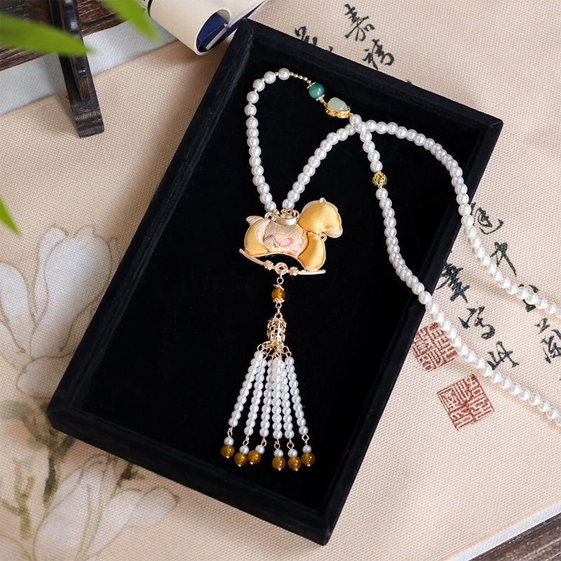 Intangible Cultural Heritage Imitation Song Brocade Necklace with Wealth Symbol, New Chinese Style Cheongsam Accessory, Traditional Chinese Hanfu Sweater Chain Accessory