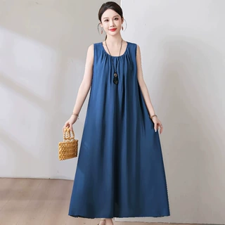 无袖棉绸连衣裙女夏季新款高端气质大码外穿色背心裙休闲长裙子