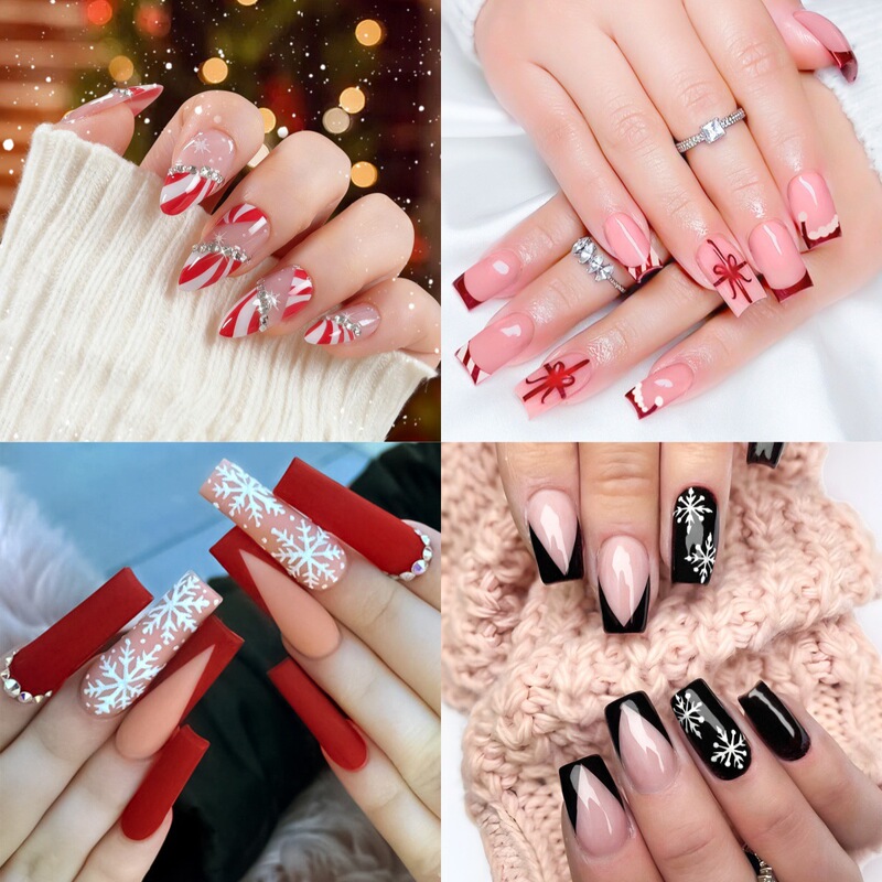 European and American Cross-Border 24-Piece Christmas Nail Art Collection with Red and White Stripes, Snowflakes, Christmas Reindeer, and Atmospheric Nail Pieces