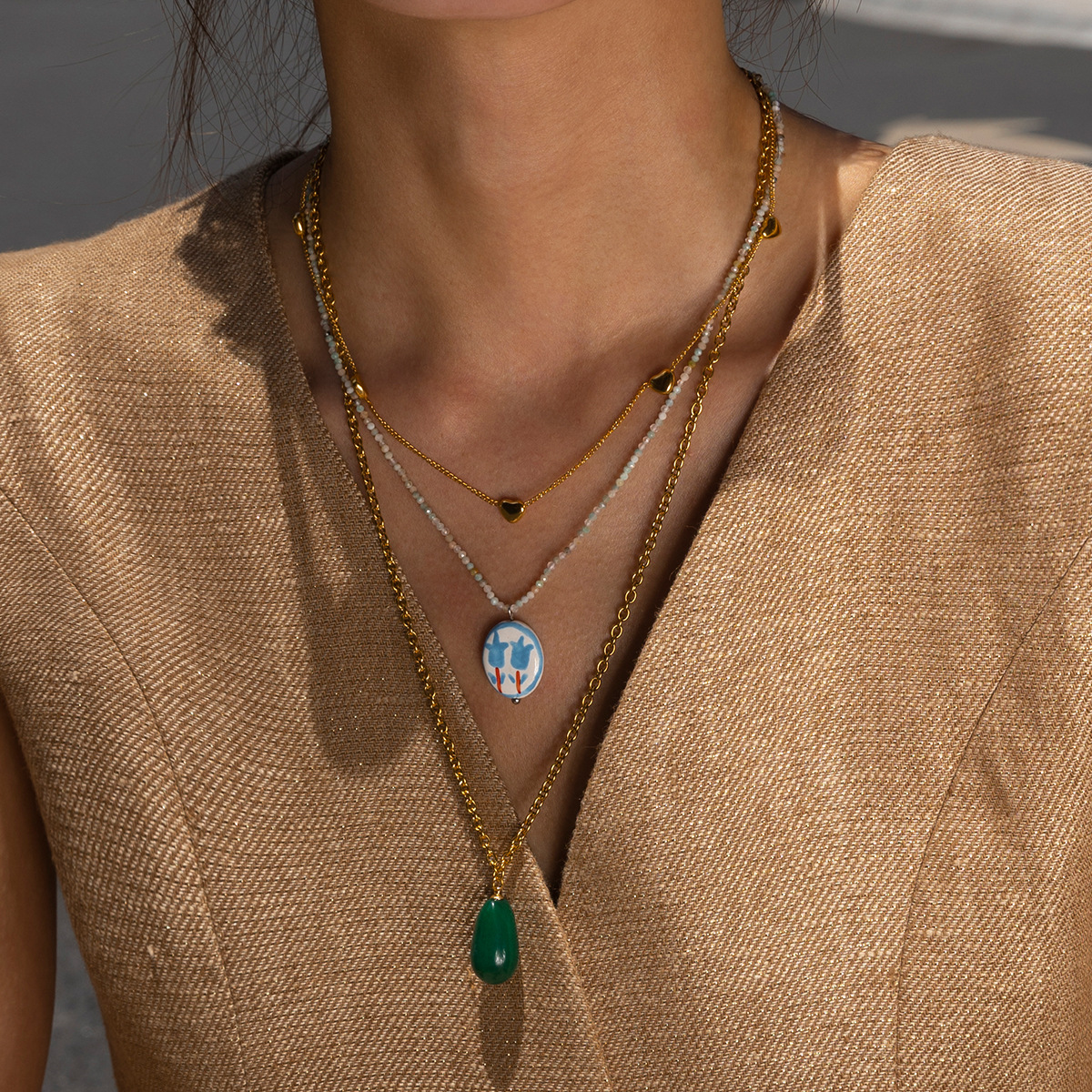 Collar de acero inoxidable TINA Europa y América Collar de colgante de piedra natural ligero de nicho Ti acero no desvanece cadenas clavículas transfronterizas