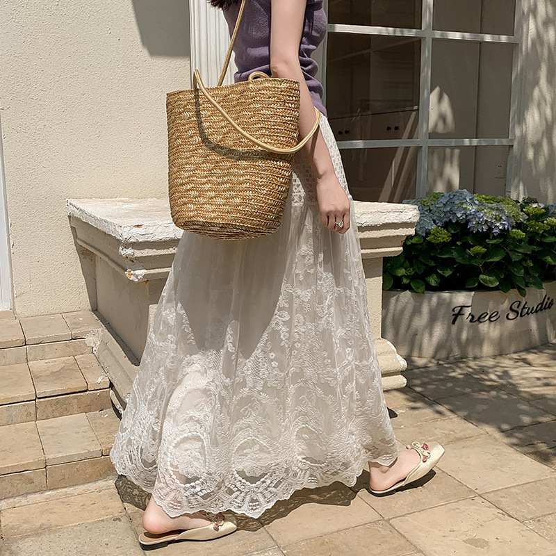 French Style Lace Mesh Pleated Skirt Skirt Women's Summer High Waist Slimming A- line Umbrella Skirt Large Swing Long Skirt