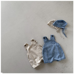 Spring and Autumn Style Baby Bodysuit for Boys and Girls, Denim Back Pouch Crawling Suit for Infants and Toddlers, Korean Version