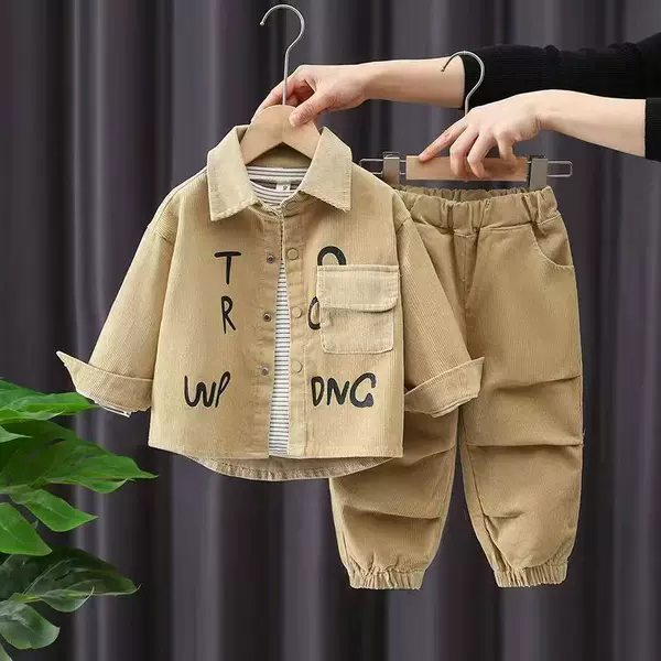 Factory Wholesale Boys' Spring Outfit, Korean Style Stylish Toddler Set, Spring and Autumn Corduroy Long-Sleeve Two-Piece Set