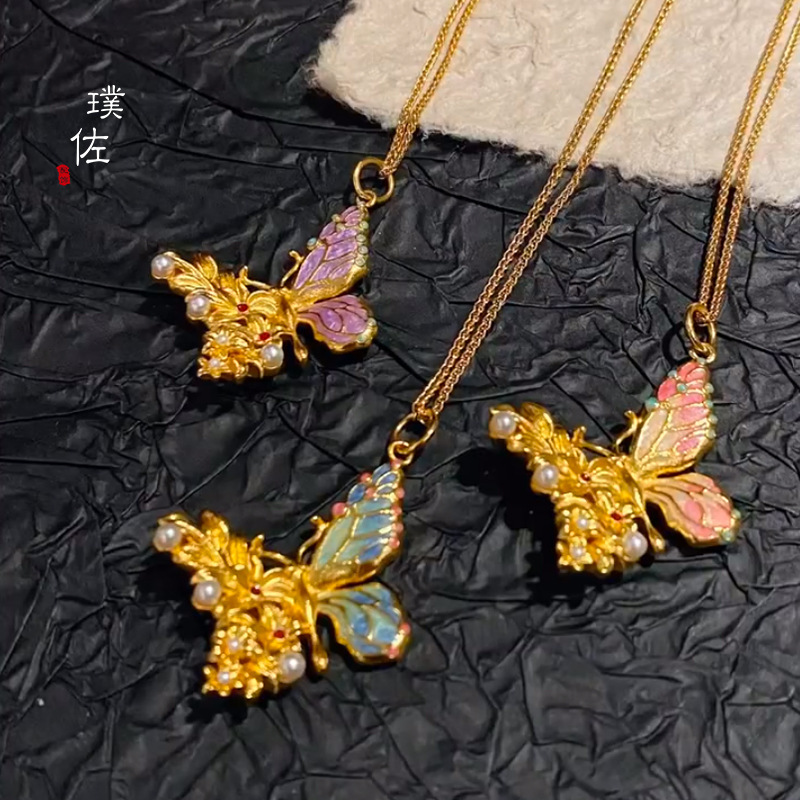 金店同款沙金花絲浮光躍金小蝴蝶吊墜diy配件項鍊新中式國潮風