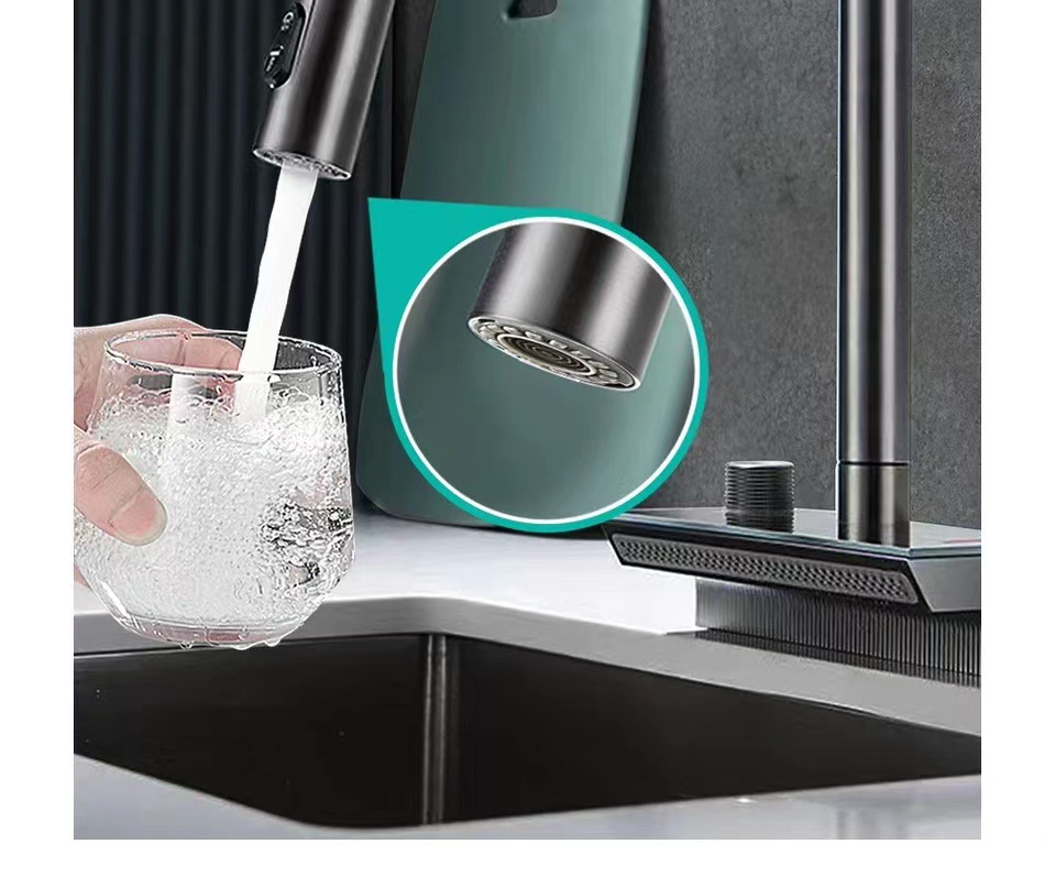 The kitchen is equipped with a universal all-copper digital display hot and cold sink faucet that can be pulled out like a flying rain waterfall undefined