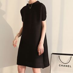 Quality summer high-end pleats fresh sweet large size loose solid color dress Pleats