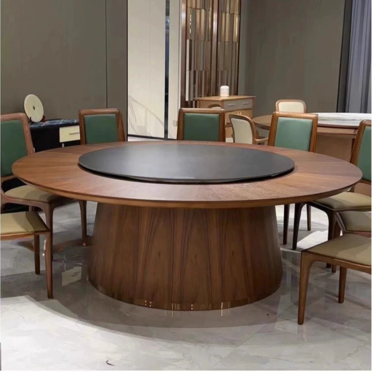 В наличии, быстрая доставка, большой круглый электрический обеденный стол из массива дерева с поворотным столиком из каменной плиты для 15-20 человек, ресторан, клуб