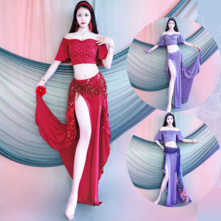 2025 New Belly Dance Practice Clothes, Hot Diamond Trumpet Sleeve Tops, Fairy Lotus Leaf Ribbon Skirt Performance Clothes for Kidsren