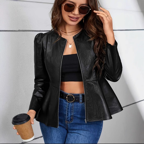 Autumn and winter women's fashionable versatile jacket plus velvet commuting waist short leather PU suit jacket