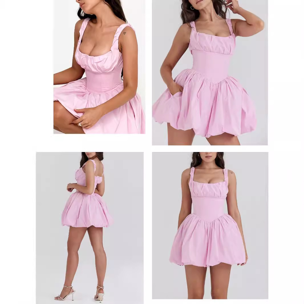 Robe bouffante rose tendance 2024, en coton, avec une jupe en résille pour plus de volume, polyvalente._voghion.com