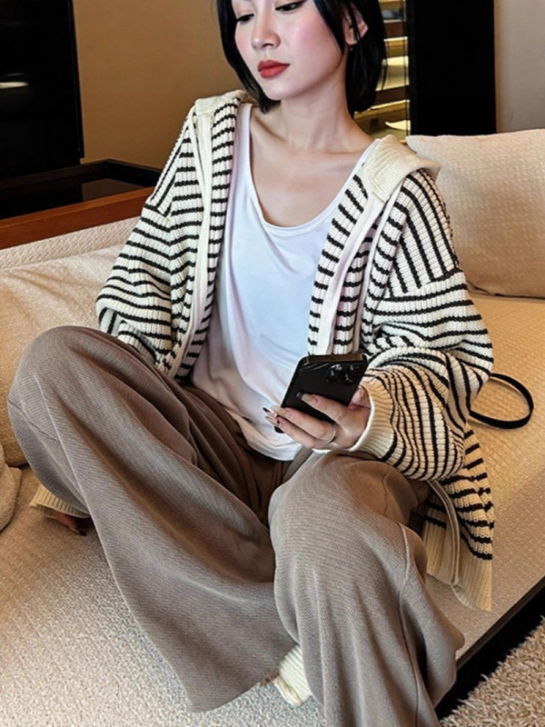 韩版休闲温柔风撞色条纹连帽针织开衫女秋冬新款宽松上衣毛衣外套|undefined