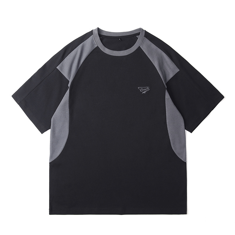 Men's summer new product splicing round neck short sleeved T-shirt men's loose color matching top_voghion.com