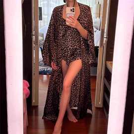 韩版高级感奢华豹纹睡袍睡衣女士春夏新款大码宽松舒适家居服套装