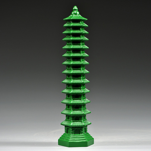 Green Wood Carved 13-Layer Wenchang Tower Ornament, Wood Wenchang Tower with 13 Layers, Home Living Room Office Decor