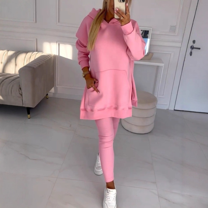 2025 Amazon Independent Station European and American Sports and Leisure Hooded Sweatshirt Thickeneded Threaded Leggings Two-Piece Set for Women