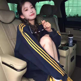 美式复古三条杠立领长袖卫衣女秋冬新款宽松拉链夹克情侣开衫外套