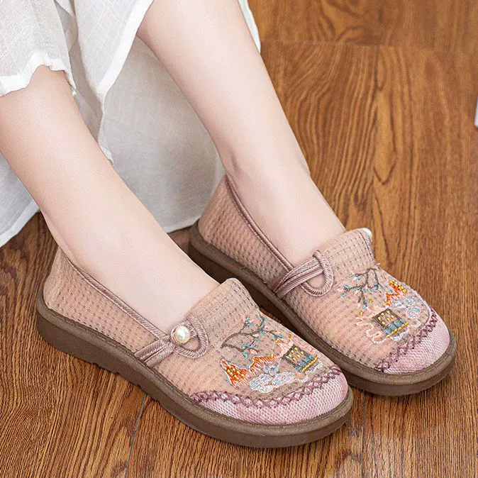 Летний новый стиль, удобная и дышащая сетчатая обувь в этническом стиле с вышивкой, удобная обувь без шнуровки на мягкой подошве, легкая женская обувь для мам