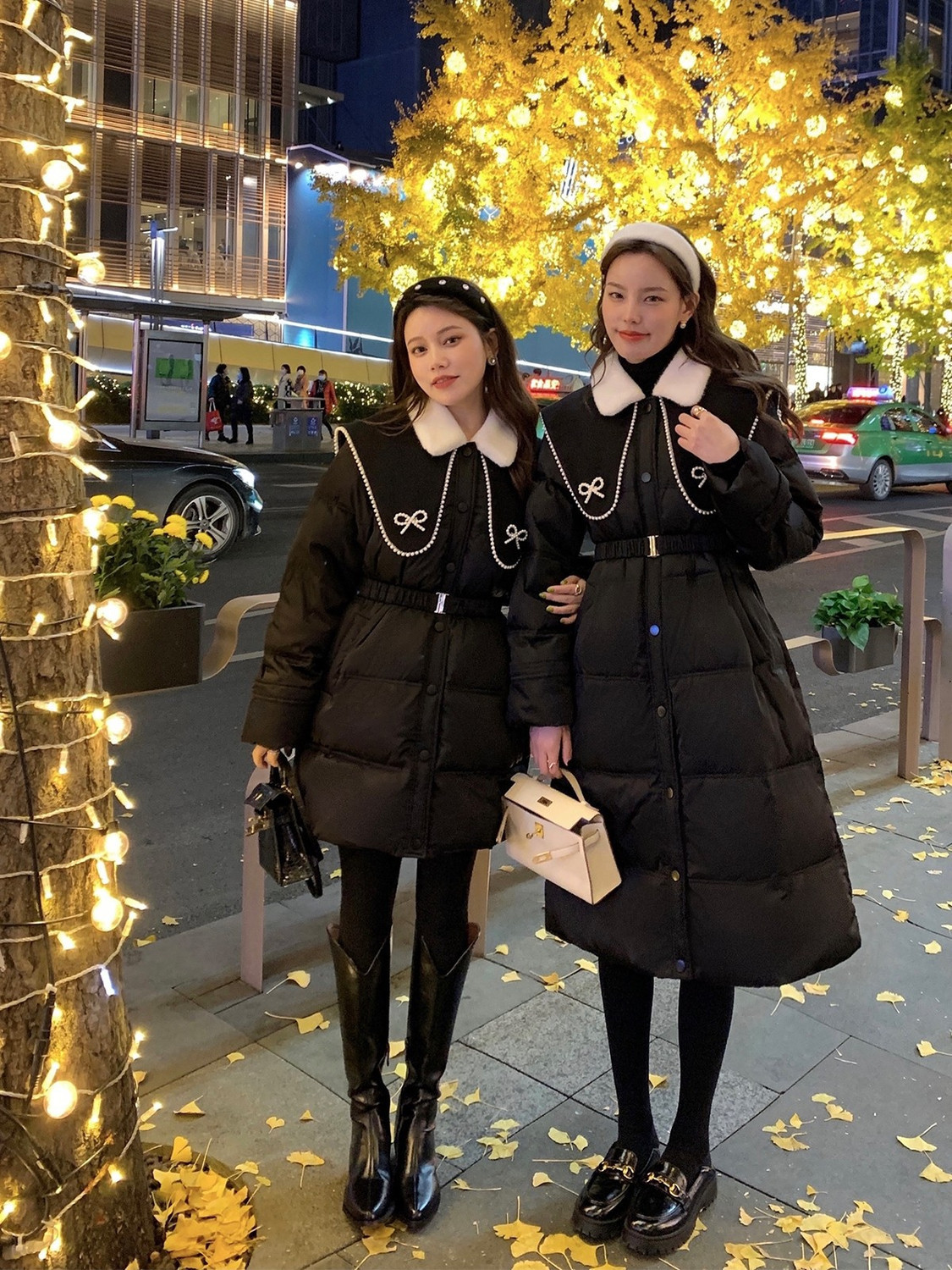 冬季斗篷可拆卸长短款水貂毛领加厚黑色羽绒服外套