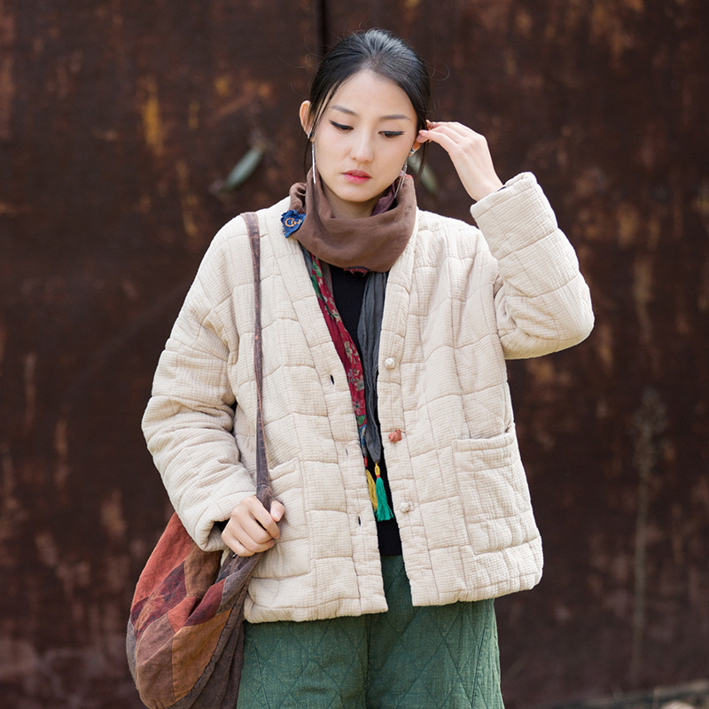 26 Winter Women's New Double-Layer Quilted Textured Checkered Cotton Jacket Soft and Warm Artistic Buttoned Cotton Coat
