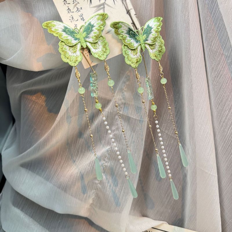 青蝶新中式刺绣蝴蝶长流苏发夹女古风发饰步摇边夹后压汉服旗袍仙|undefined