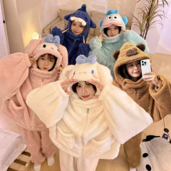 玉桂犬秋冬漫画パジャマ珊瑚フリース厚いかわいい少女フード付きホームウェア学生外着セット