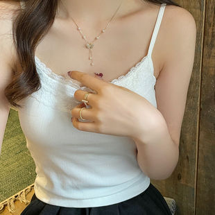Hot Girl Pure Lust Lace Camisole Bottoming with Breast Pad Bow Short Slim Design Sleeveless Top