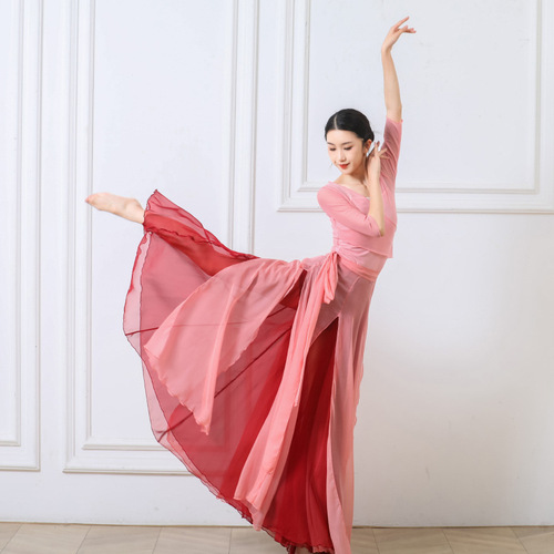 Chinese classical dance attire 720-degree flowing semi-body skirt with double-layered large swing dress set, ethnic-style stage performance costume