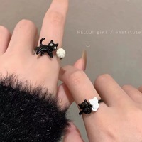Cartoon funny black and white cat cute ring niche bestie ring open childlike cute simple index finger ring