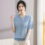 中老年女装圆领针织衫冰丝短袖T恤大码宽松妈妈装夏季假开衫上衣，女装针织衫/毛衣，妃慕昵服饰